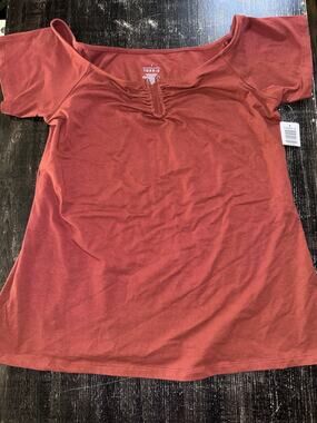 1X NWT Torrid Blouse Women Orange Brownish U Bar Off Shoulder Foxy Top Stretch